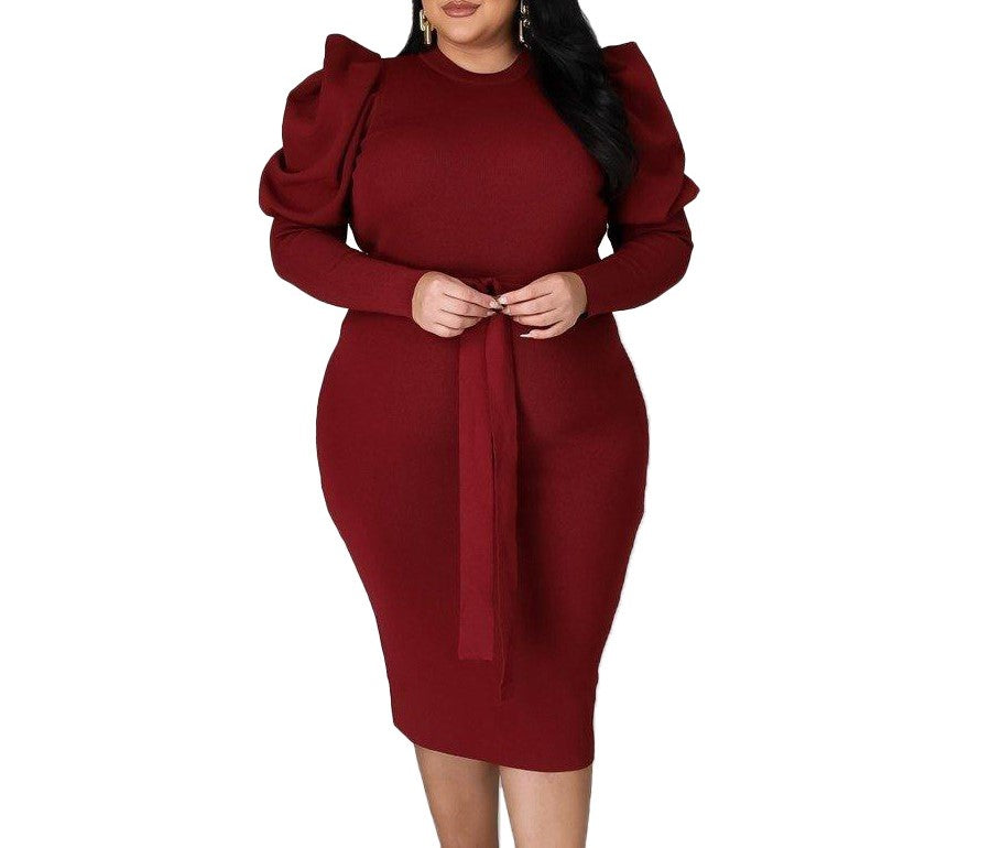 Women's Plus Size Long Sleeve Belted Slim Fit Midi Dress – Elegant & Flattering Curve-Hugging Style