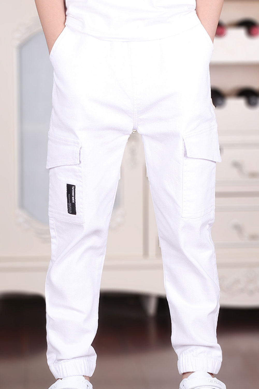 Kids Boys New Summer Style Casual Overalls Trousers White Black Khaki Elastic Belt Full Length Pants