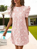 Women's Summer Jacquard Texture Waist-Defined Midi Dress Elegant Short Sleeve Casual Dress