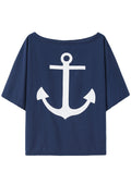 Women Comfy Ship Anchor Printed Off-Shoulder Sleeve Relaxable & Casual T-Shirt