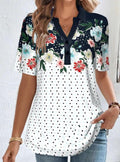 Women's Casual Polka Dot V-Neck Button Front Short Sleeve Everyday Top