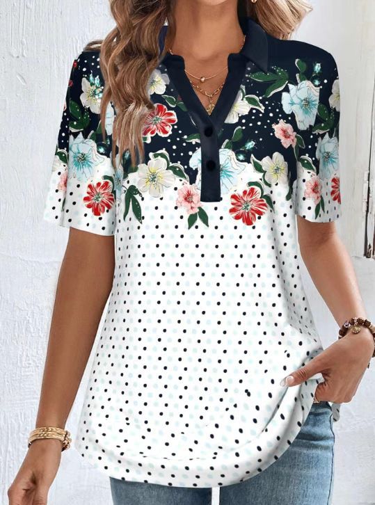 Women's Casual Polka Dot V-Neck Button Front Short Sleeve Everyday Top