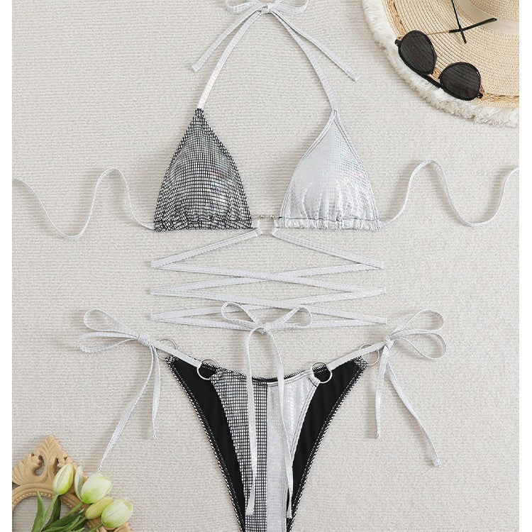 New Drawstring Lace-up Triangle Bikini Top with High-Cut Bottoms for Women