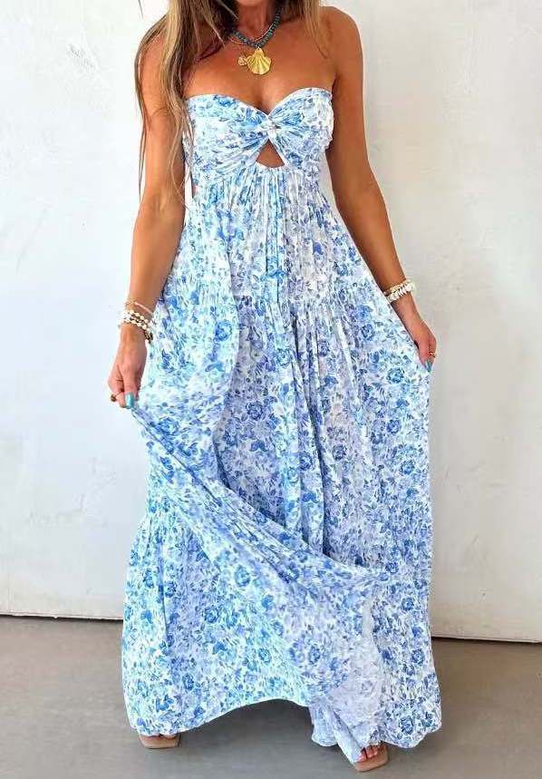 Women's Strapless Sleeveless Backless Floral Dress – Elegant Printed Summer Dress