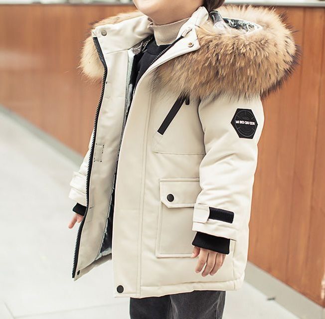 Winter New Boys’ Thick Down Cotton Parka – Warm Fur Collar Hooded Coat for Large Children - RAC25JP3243BOW