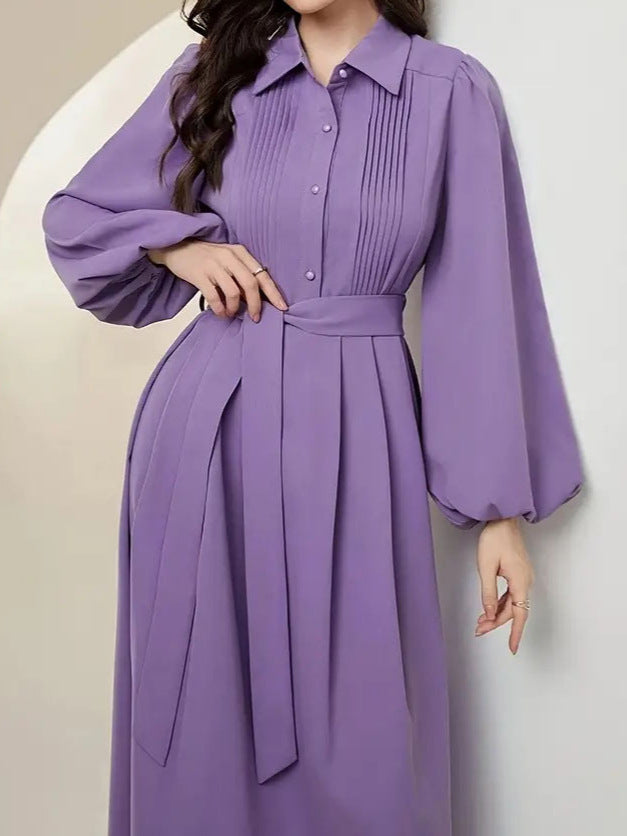 Women's Solid Color Pleated Long Sleeve Lace-Up Waist Dress with Flattering Fit