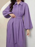 Women's Solid Color Pleated Long Sleeve Lace-Up Waist Dress with Flattering Fit