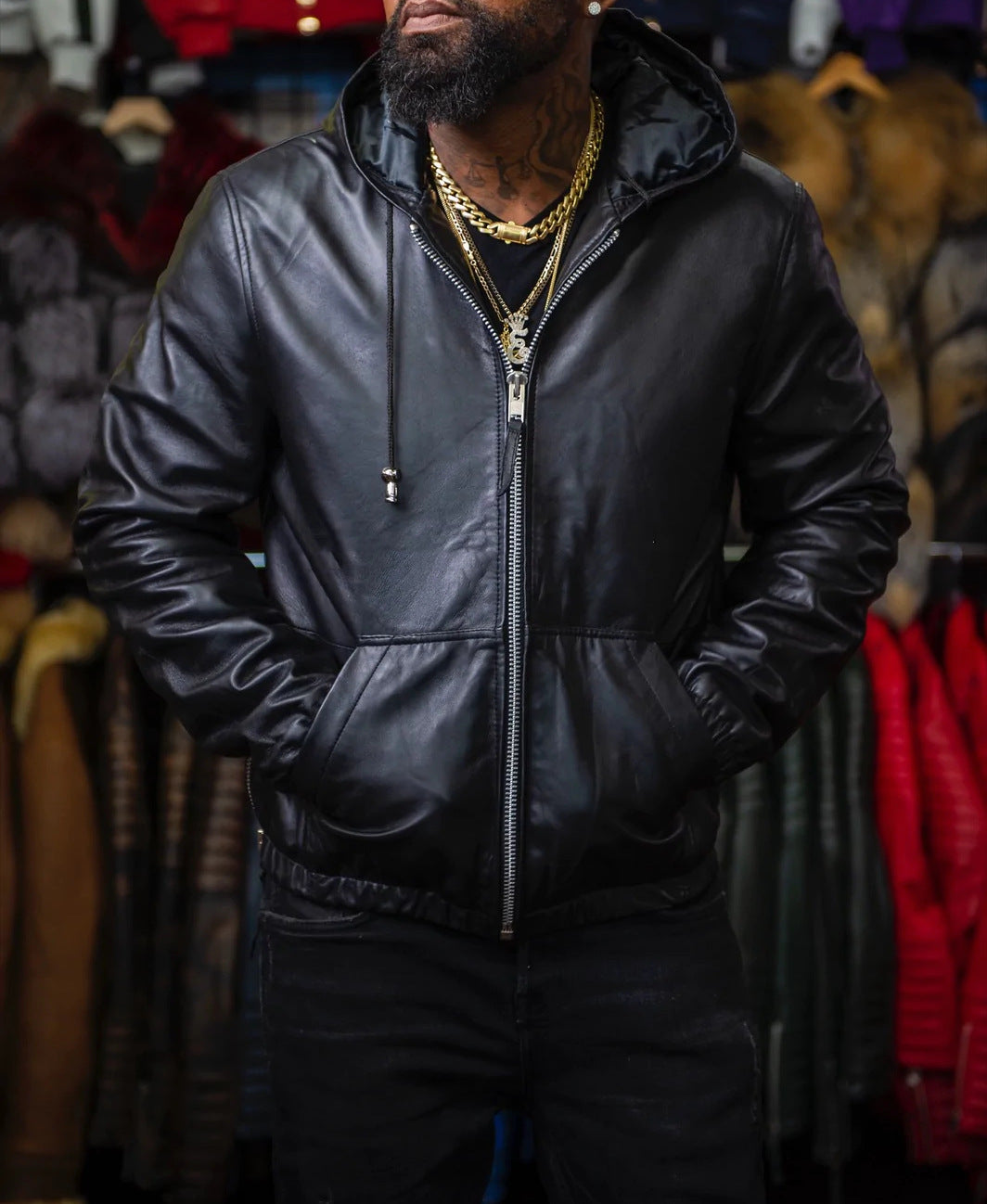 Men’s Hooded Solid Color Zipper Leather Jacket