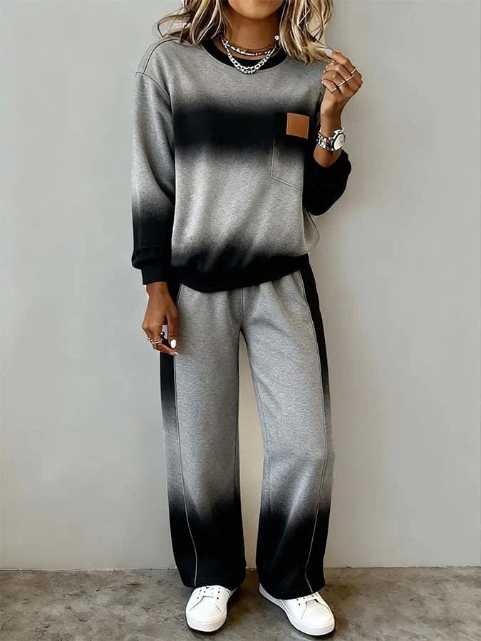 Women's Long Sleeve Round Neck Slit Hem Solid Color Casual Top