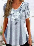Summer Printed V-Neck Lace Detail Short Sleeve Casual Women's Top
