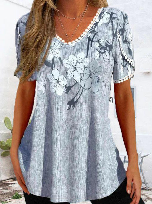 Summer Printed V-Neck Lace Detail Short Sleeve Casual Women's Top