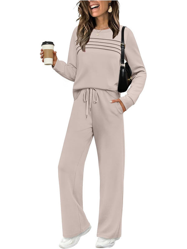 Women's Long Sleeve Round Neck Top and Elastic Waist Wide-Leg Pants Two-Piece Set