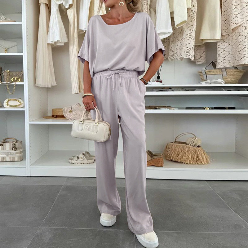 Women's Casual Round Neck Short-Sleeve Top & Tie-Waist Pants 2-Piece Lounge Set
