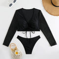 Solid Color Long Sleeve Lace Bikini with Low Chest and Split Design