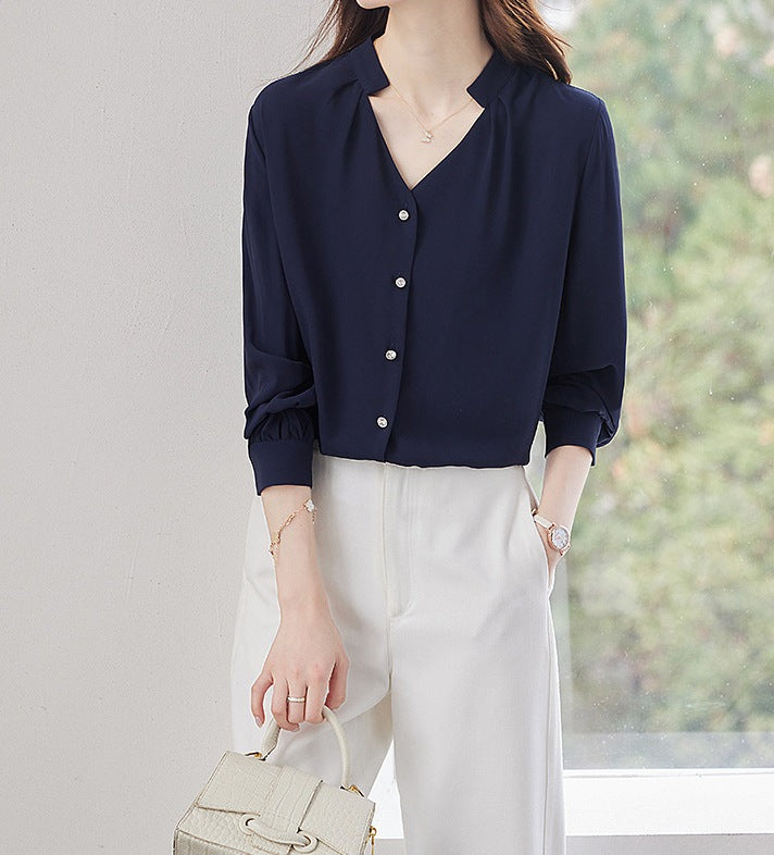 Women's V-Neck Long Sleeve Shirt - Spring & Autumn Formal Blouse