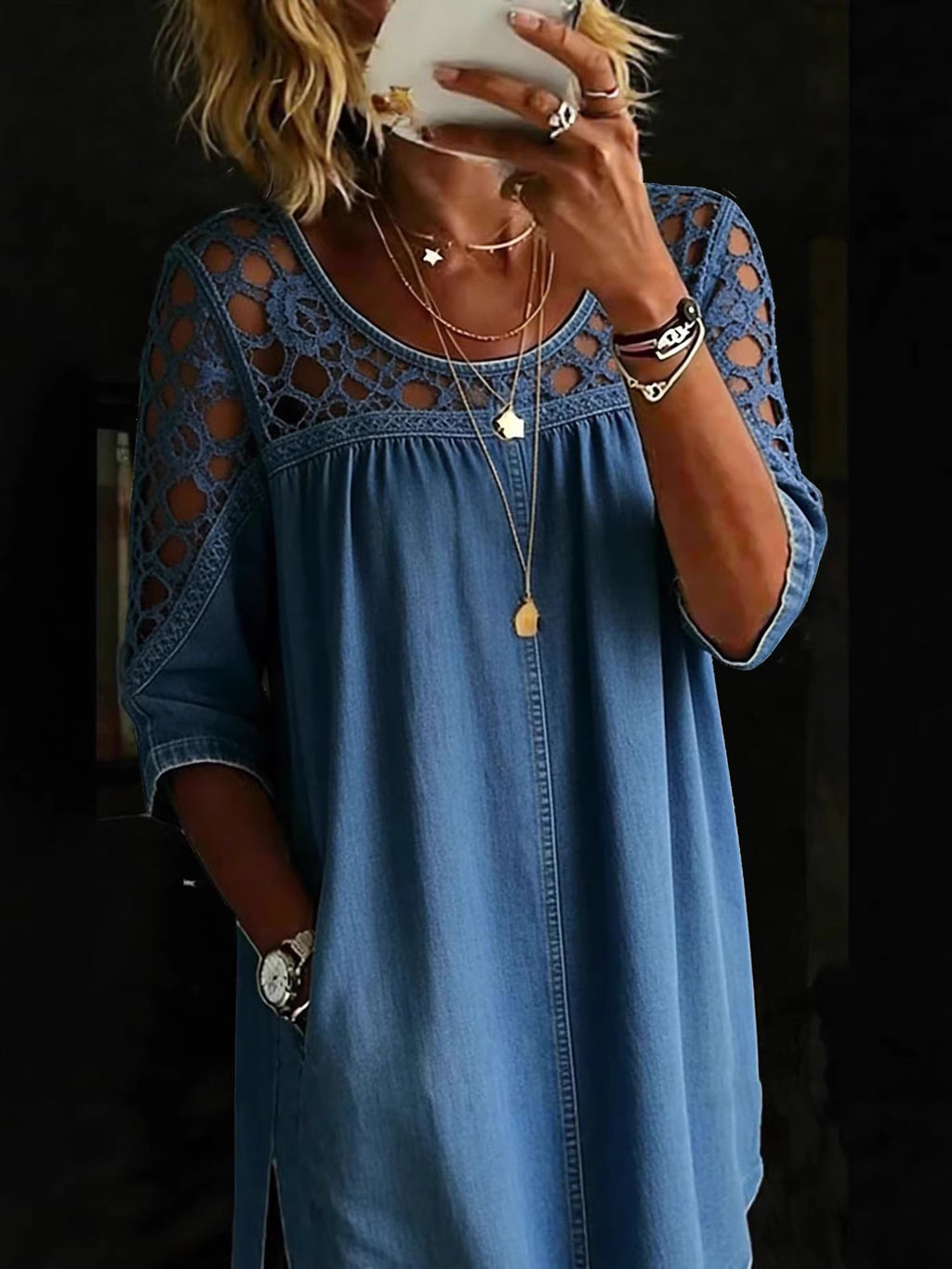New Style Hollow-Out Faux Denim Top for Women – Casual Lightweight Breathable Long Sleeve Fashion Shirt