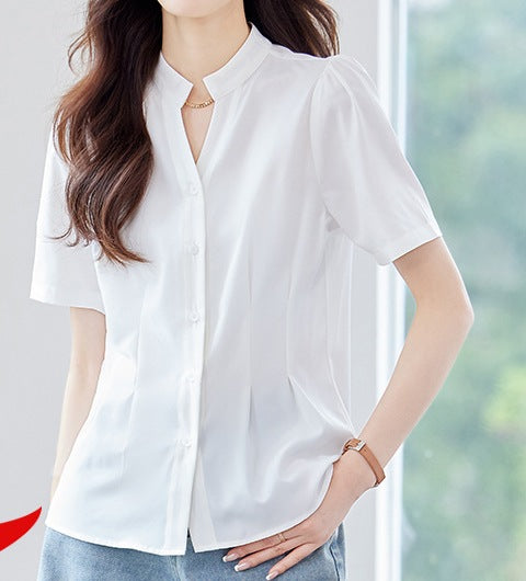 Women's Summer Short-Sleeved Elegant V-Neck Blouse - Lightweight Breathable Casual & Office Wear Top