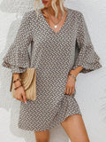 Women's Printed V-Neck Three-Quarter Sleeve Mid-Length Dress