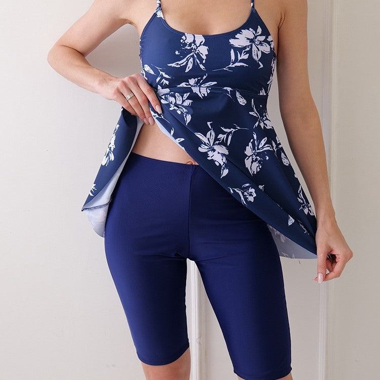 New Digital Print Tankini Slim Strap Skirt Split Swimsuit Set