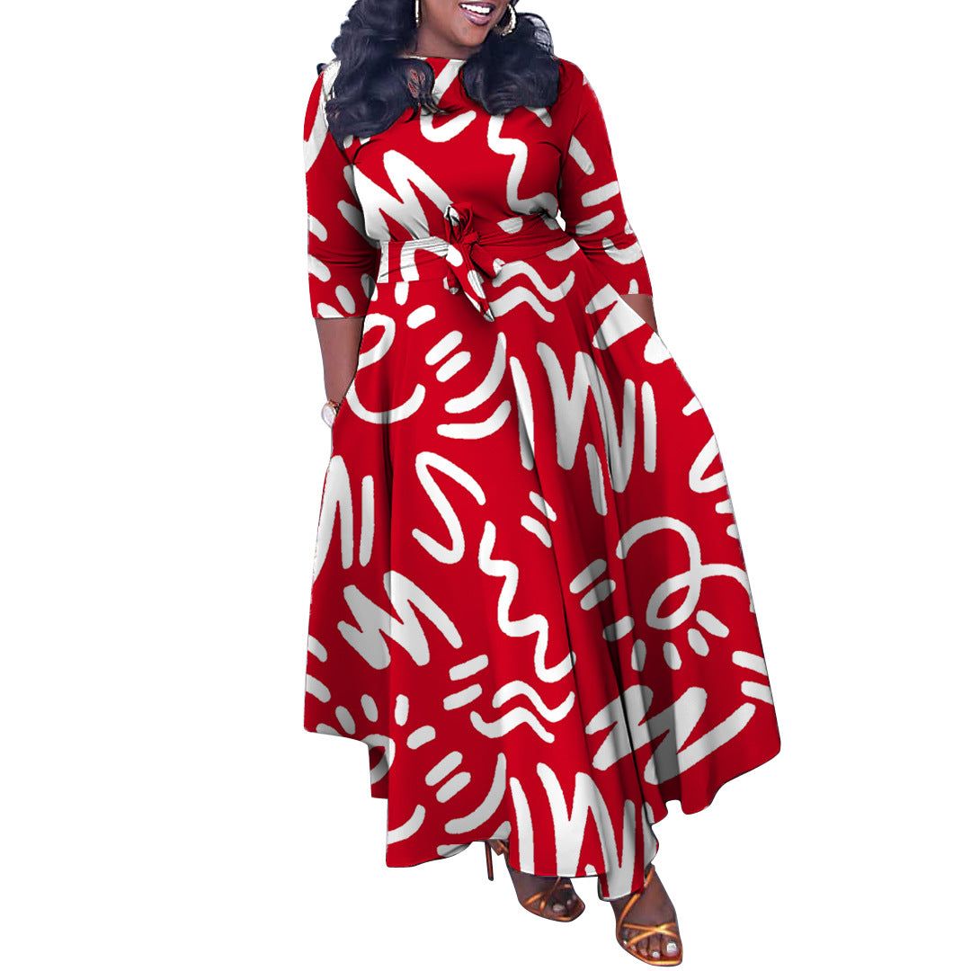Women’s Autumn/Winter Elegant African Print Long Dress – Plus Size, Tie-Waist, Fashionable Foreign Trade Maxi Dress