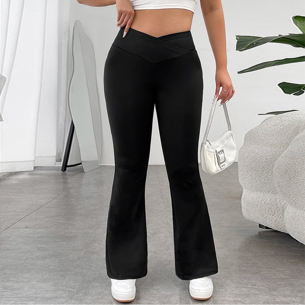 Plus Size Women’s V-Waist High-Waist Flared Pants – Hip-Lifting Slim Fit Wide-Leg Trousers with Draped Silhouette, Casual Chic C