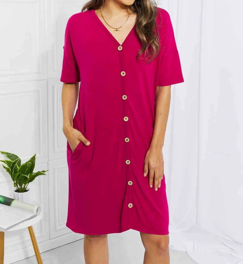 Women's BOMBOM Sunday Brunch Button Down Knee-Length Dress in Magenta