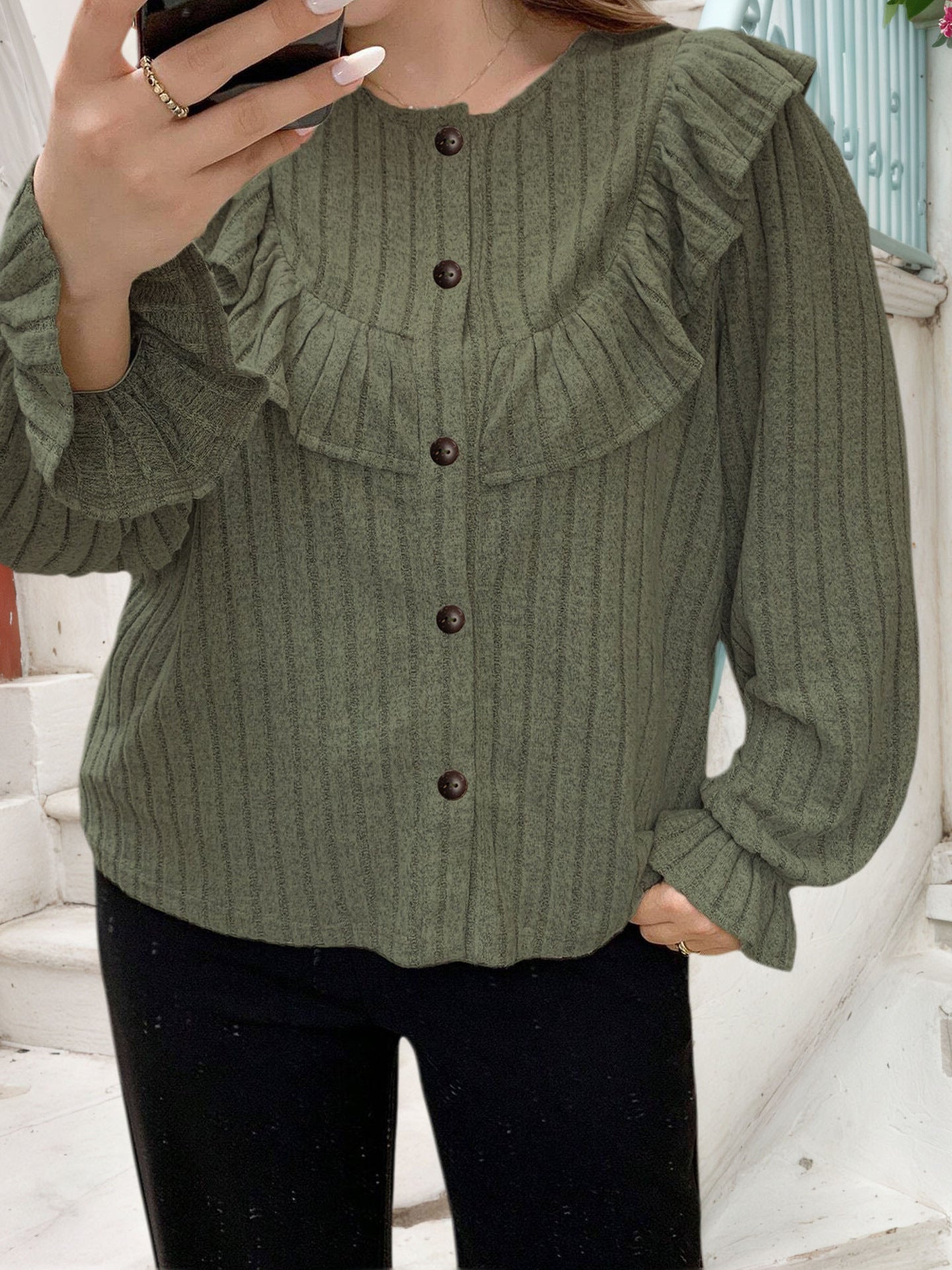 Women's Autumn & Winter Plus Size Ruffled Button-Up Long Sleeve Cover-Up Top