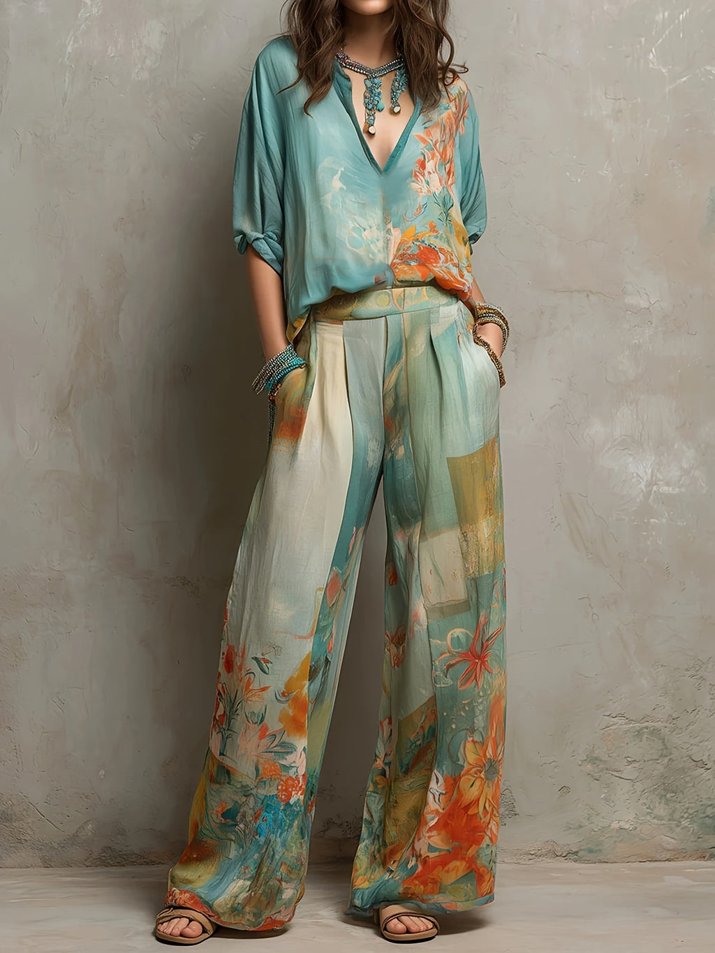 Women's Casual Resort Style Deep V-Neck Top & Wide-Leg Pants Two-Piece Set