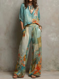 Women's Casual Resort Style Deep V-Neck Top & Wide-Leg Pants Two-Piece Set