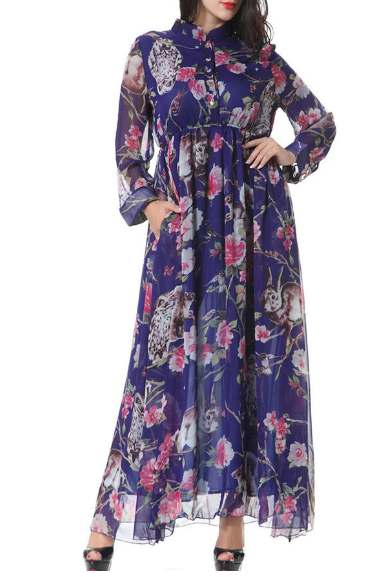 Plus Size Floral Collar Neck Maxi Dress Blue