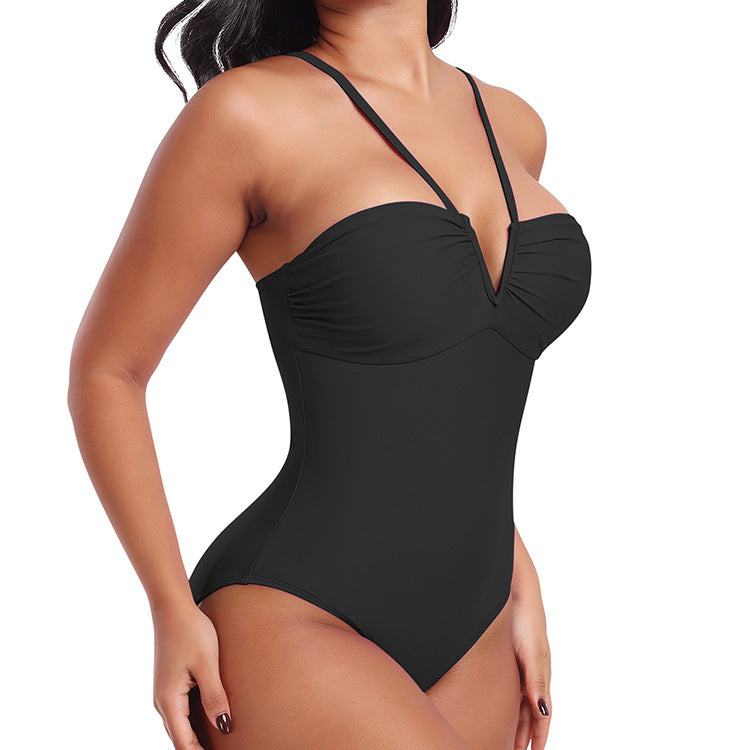 Strappy Triangle V-Neck Halter One-Piece Shaping Swimsuit with Tummy Control