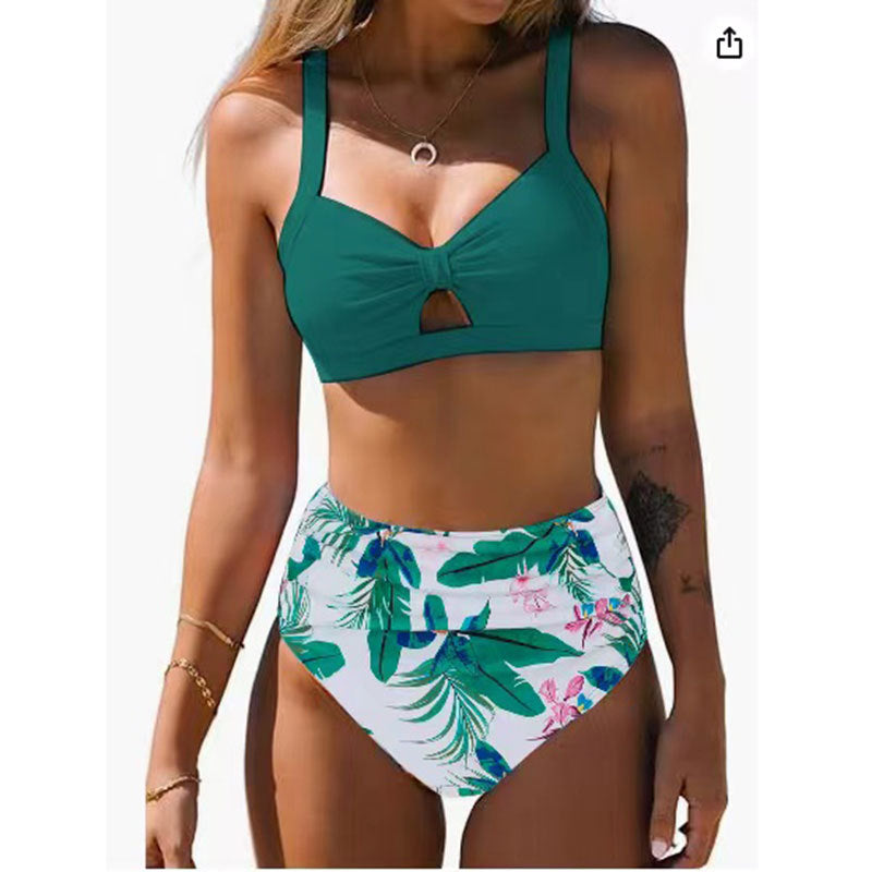High-Waist Split Bikini Swimsuit - Digital Print Chest Design
