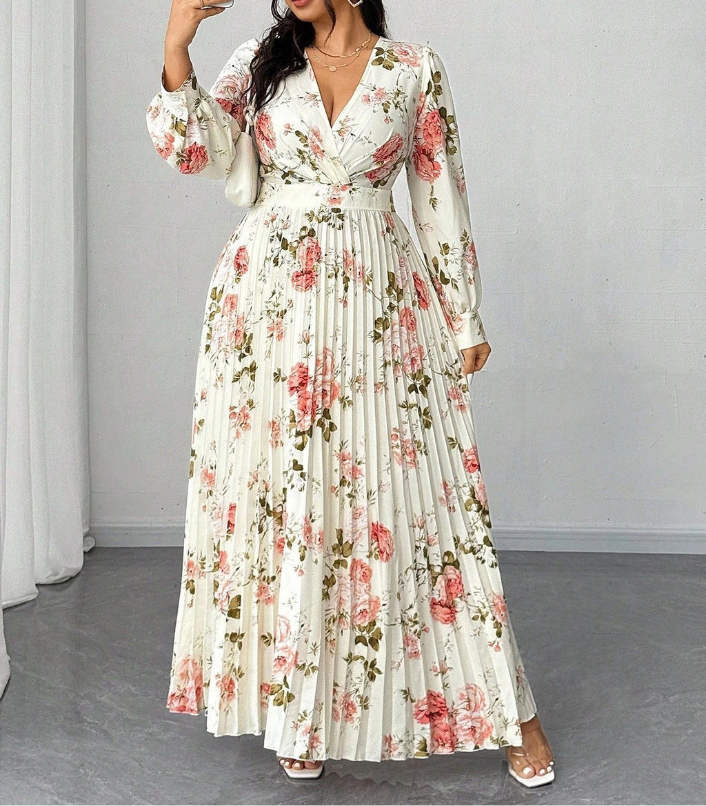 Floral Print Plus Size Long Dress for Women V-Neck Long Sleeve Pleated Waist-Defining Maxi Dress