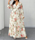 Floral Print Plus Size Long Dress for Women V-Neck Long Sleeve Pleated Waist-Defining Maxi Dress
