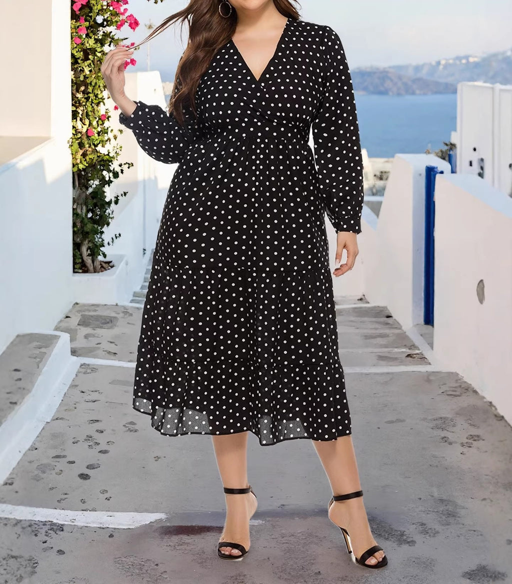 Women's Plus Size V-Neck Polka Dot Print Waist-Cinching Shirt Sleeve Long Dress