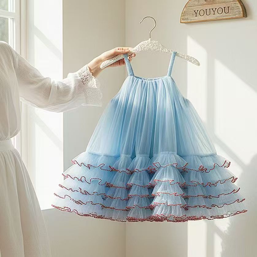 Girls’ Summer Fairy Mesh Strap Puffy Cake Dress – Elegant Layered Party Dress - RAC26JP5459BATDAS