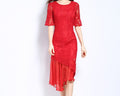 Red Irregular Fishtail Lace Dress – Elegant Asymmetrical Hem Evening Gown