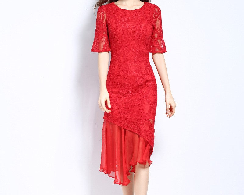 Red Irregular Fishtail Lace Dress – Elegant Asymmetrical Hem Evening Gown