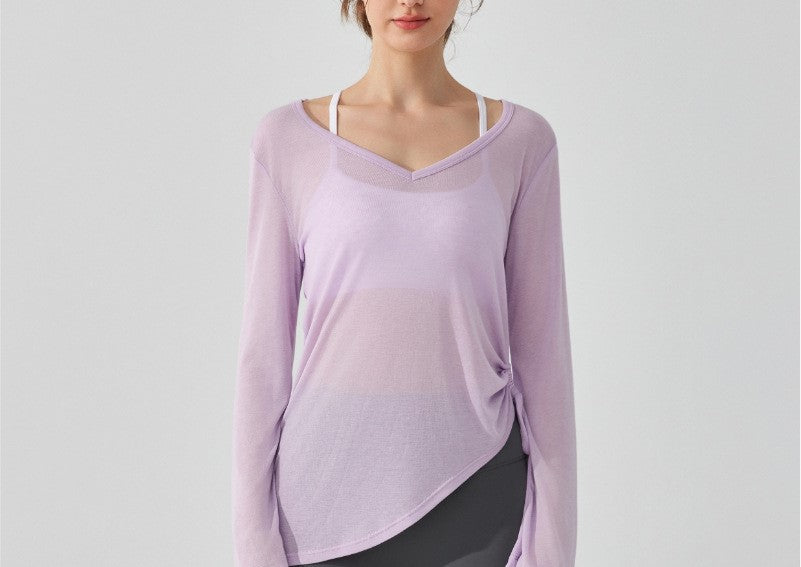Women's Long Sleeve Yoga Blouse Hip-Covering Pleated Drawstring Top Loose Casual Autumn Dance Fitness Running Shirt