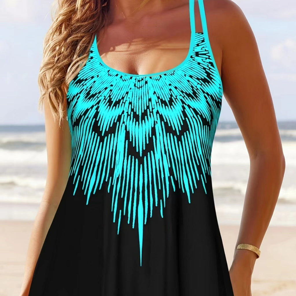 New Digital Print Tankini Skirt Swimsuit - Large Size Women's Two-Piece Split Swimwear