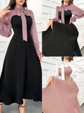 New Style Color-Block Faux Two-Piece Long Sleeve Maxi Dress with Bow Tie Waist for Women, Elegant Casual Fashion Dress