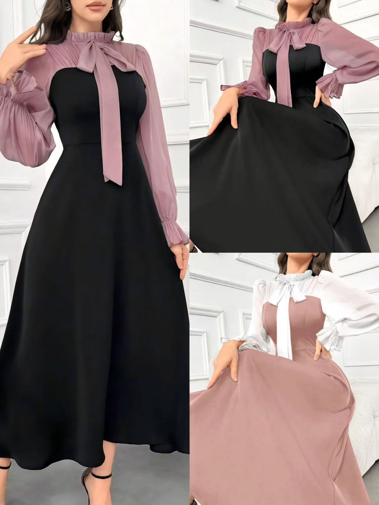 New Style Color-Block Faux Two-Piece Long Sleeve Maxi Dress with Bow Tie Waist for Women, Elegant Casual Fashion Dress