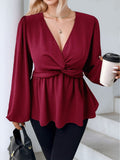 Autumn New Plus-Size Loose Slimming V-Neck Lantern Sleeve Top – Belly-Covering Casual Shirt