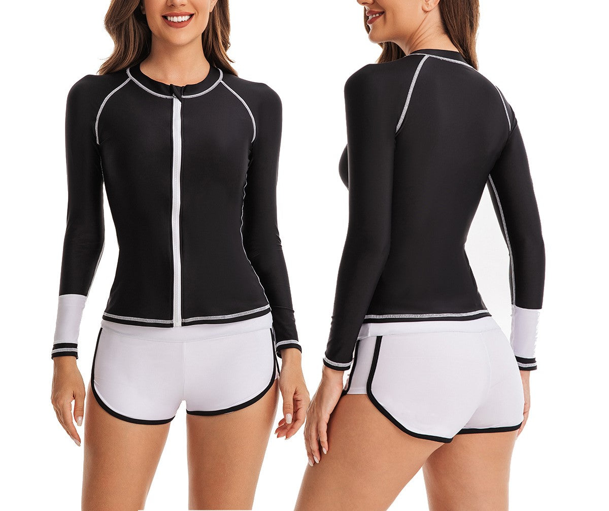 Women’s Two-Piece Flat-Angle Floral Surfing Swimsuit – Long-Sleeve Zip-Up Rash Guard Cardigan Tankini Set