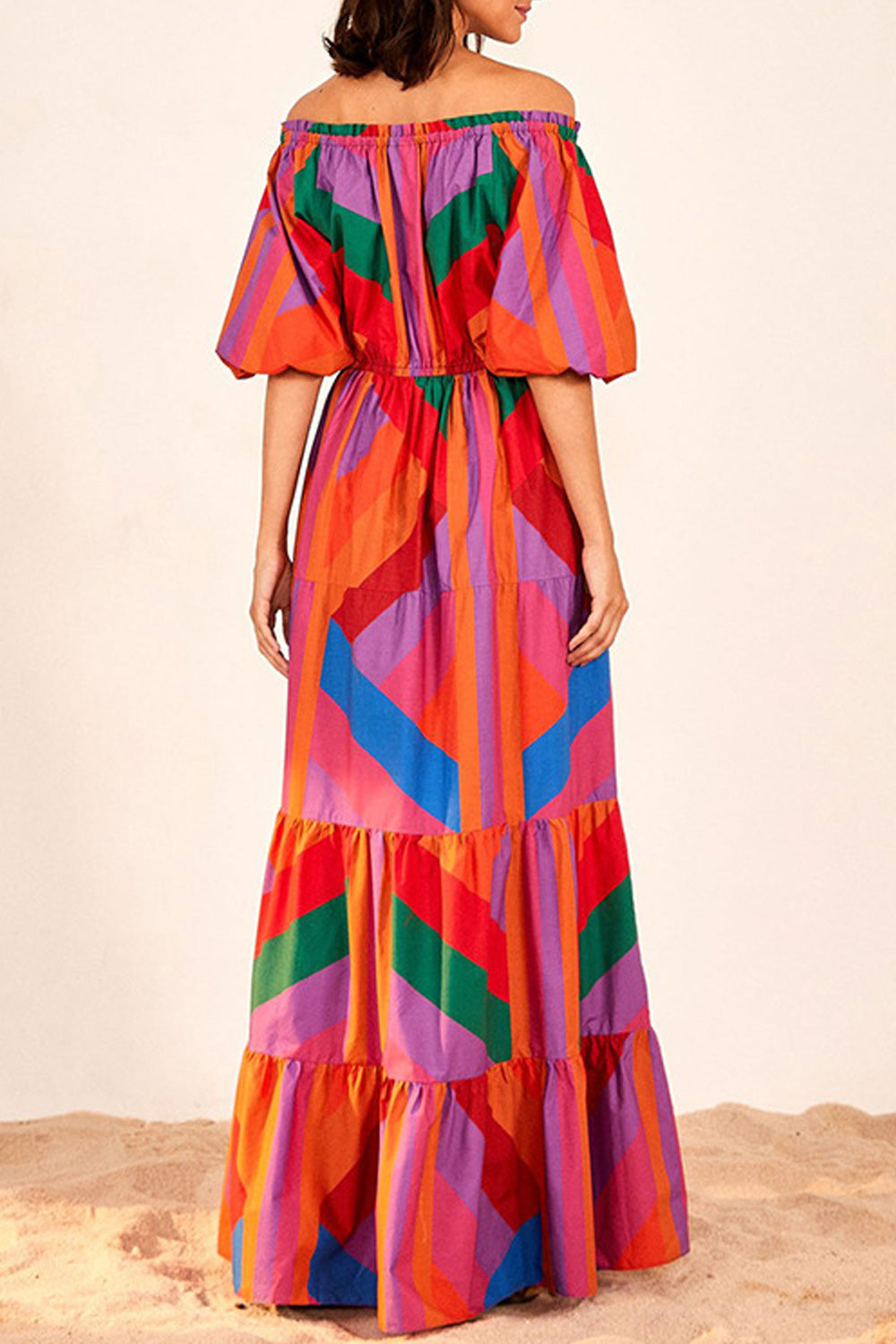 Women Multi Colored Off-Neck Puff Short SLeeve Long Length Fashionable Dress