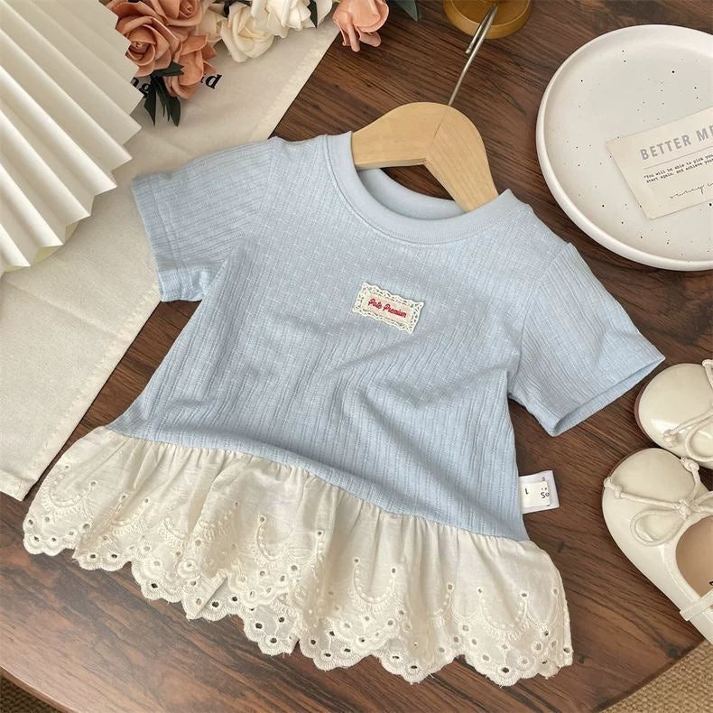 Girls Summer Short-Sleeved T-Shirt – Baby Lace Letter Patch Casual Top - RAC26JP5486BATT