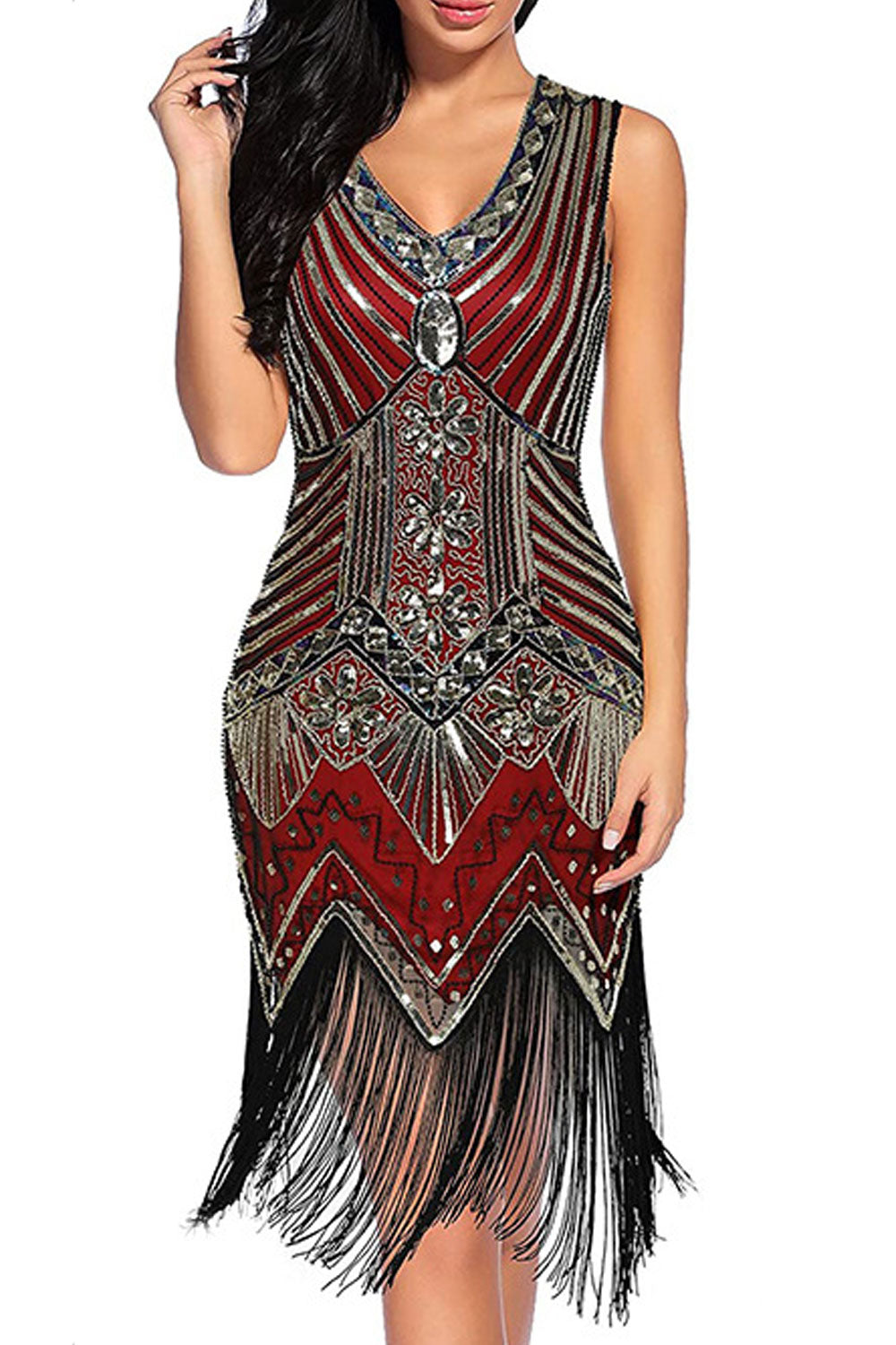 Women Lovely Tassel Hem Sequins Decorated V-Neck Fashionable Party Dress