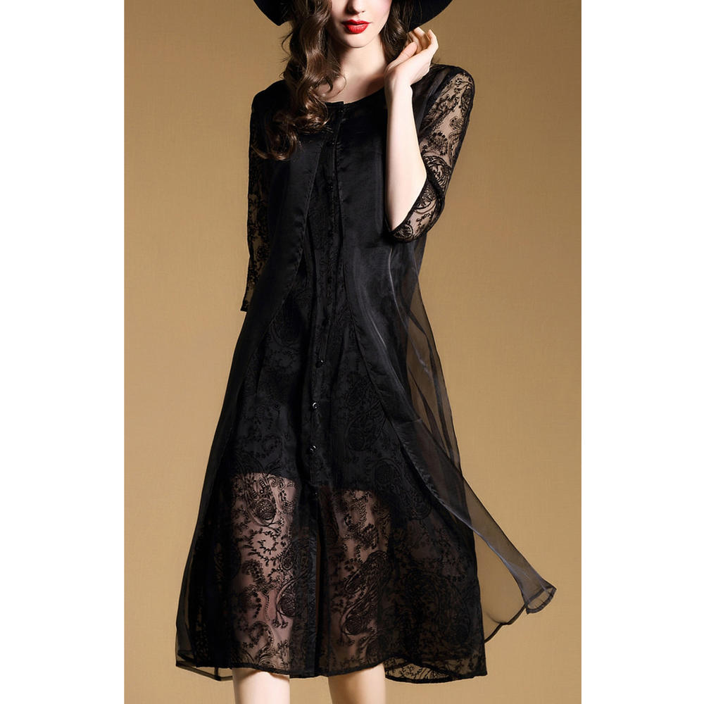 Women Sheer Sleeve Floral Lace Evening Dress