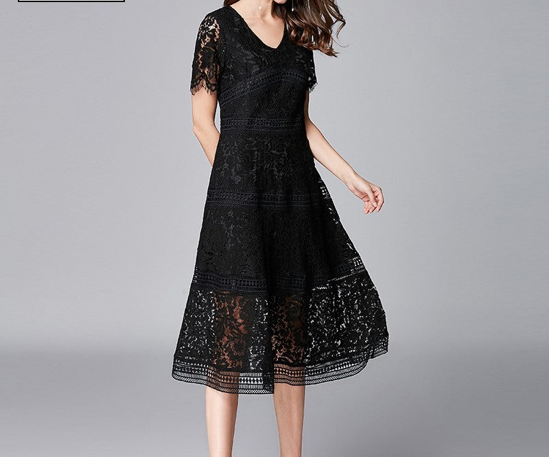 V-Neck Lace Dress for Plus Size Women – Summer A-Line Long Skirt, Elegant & Flattering for Curvy Figures