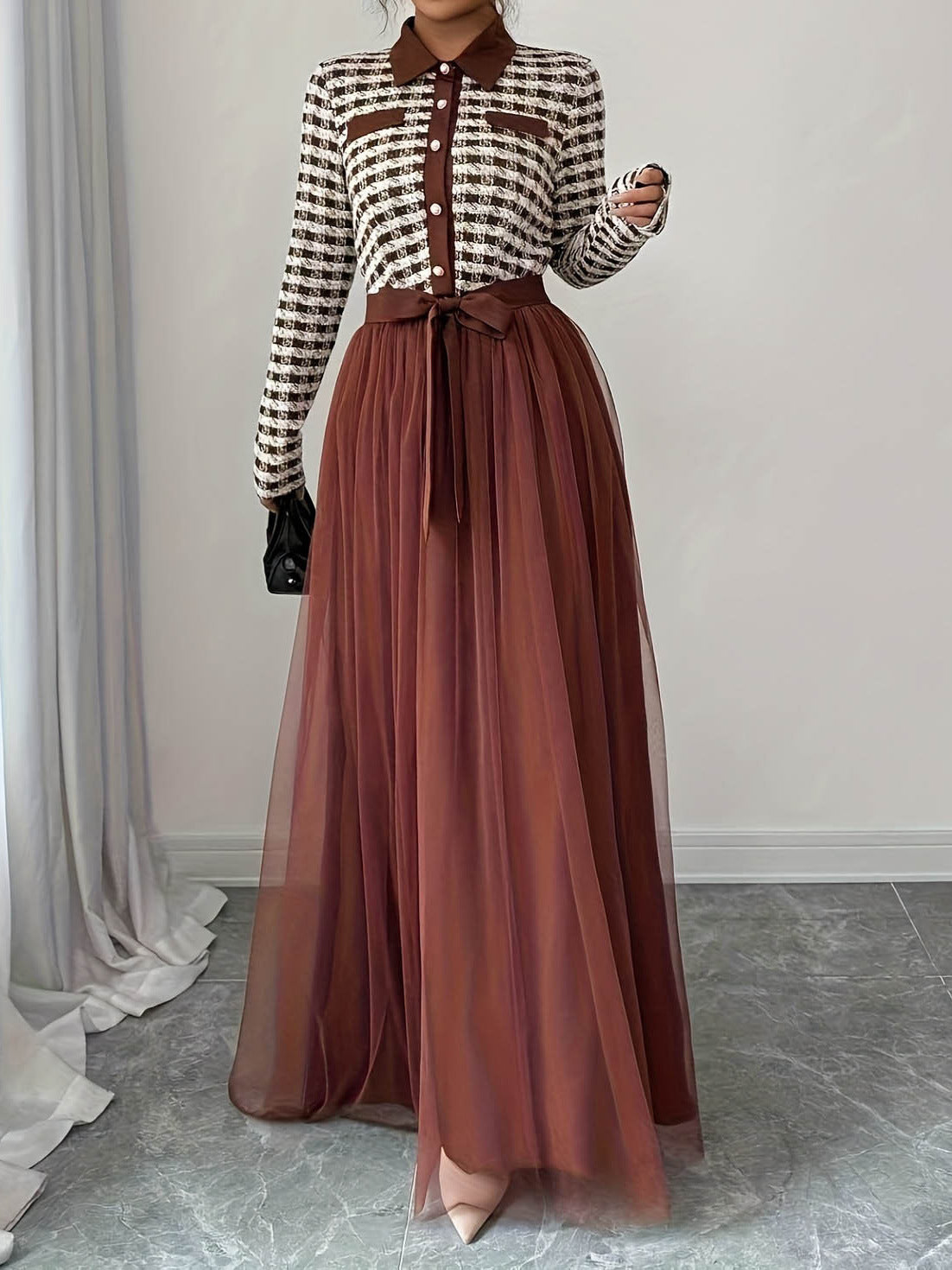 Women's Waist Tie Contrast Color Long Sleeve Mesh Panel Midi Dress